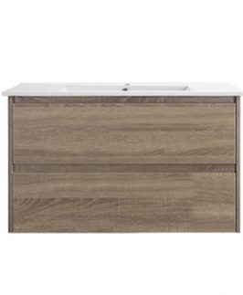 900 Dark Walnut Two Drawers Wall Hung Vanity Unit - Leo