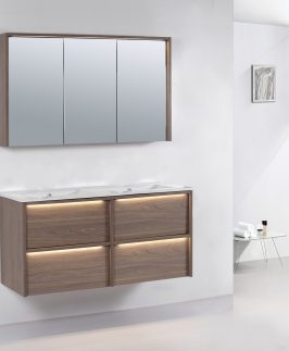 1200 Divine Oak Four Drawers with LED Lights Double Bowls Wall Hung Vanity Unit - Neon