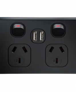 Matte Black Double Power Outlet 250V~ 10A & 2 x 2.1 A USB Outlets