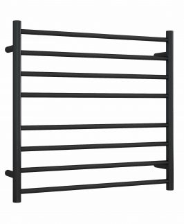 750*700mm Straight Round 8 Bars Matte Black Powder Coated 132 Watt Heated Towel Rail