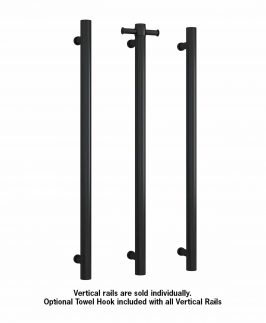 900mm Vertical Round Bar Matte Black Powder Coated 30 Watt with Removable Hook Heated Towel Rail